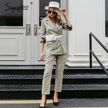 Load image into Gallery viewer, Plaid double breasted women blazer suit set Long sleeve office ladies pant suits female Casual streetwear trouser suit