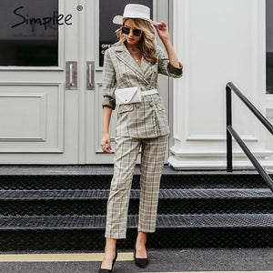 Plaid double breasted women blazer suit set Long sleeve office ladies pant suits female Casual streetwear trouser suit