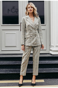 Plaid double breasted women blazer suit set Long sleeve office ladies pant suits female Casual streetwear trouser suit