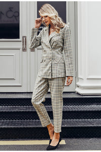 Plaid double breasted women blazer suit set Long sleeve office ladies pant suits female Casual streetwear trouser suit