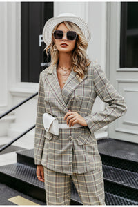 Plaid double breasted women blazer suit set Long sleeve office ladies pant suits female Casual streetwear trouser suit