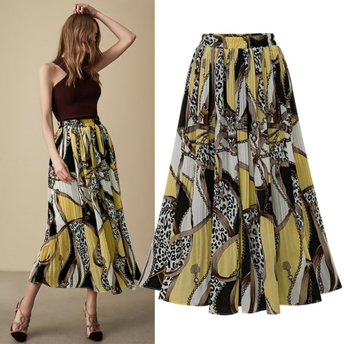 Skirts Women High Street Fashion Leopard Chain Print Chiffon Pleated Skirt Elastic High Waist A Line Midi Skirt Women 2019