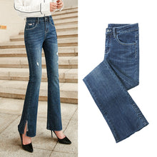 Load image into Gallery viewer, Zogaa Blue Button Up Flare Hem Jeans Woman Long Denim Trousers Vintage Pants Capris 2019 Fall Mid Waist Stretch Women Jeans