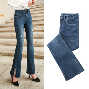 Zogaa Blue Button Up Flare Hem Jeans Woman Long Denim Trousers Vintage Pants Capris 2019 Fall Mid Waist Stretch Women Jeans