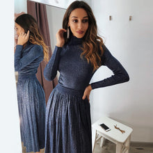 Load image into Gallery viewer, Two Piece Set Autumn Winter Shimmer Knitted Set Turtleneck Sweater Top And Pleated Skirt 2 Piece Set Women Elegant Matching Sets