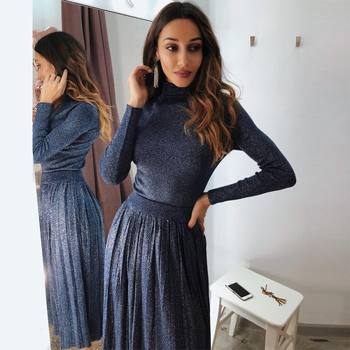 Two Piece Set Autumn Winter Shimmer Knitted Set Turtleneck Sweater Top And Pleated Skirt 2 Piece Set Women Elegant Matching Sets