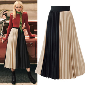 Skirts Womens High Street Fashion Contrast Color Patchwork Pleated Skirt Elastic High Waist A Line Midi Skirt Women Clothes 2019