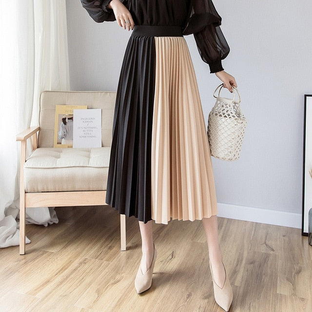 Skirts Womens High Street Fashion Contrast Color Patchwork Pleated Skirt Elastic High Waist A Line Midi Skirt Women Clothes 2019