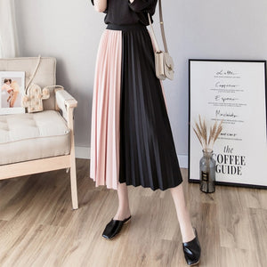 Skirts Womens High Street Fashion Contrast Color Patchwork Pleated Skirt Elastic High Waist A Line Midi Skirt Women Clothes 2019